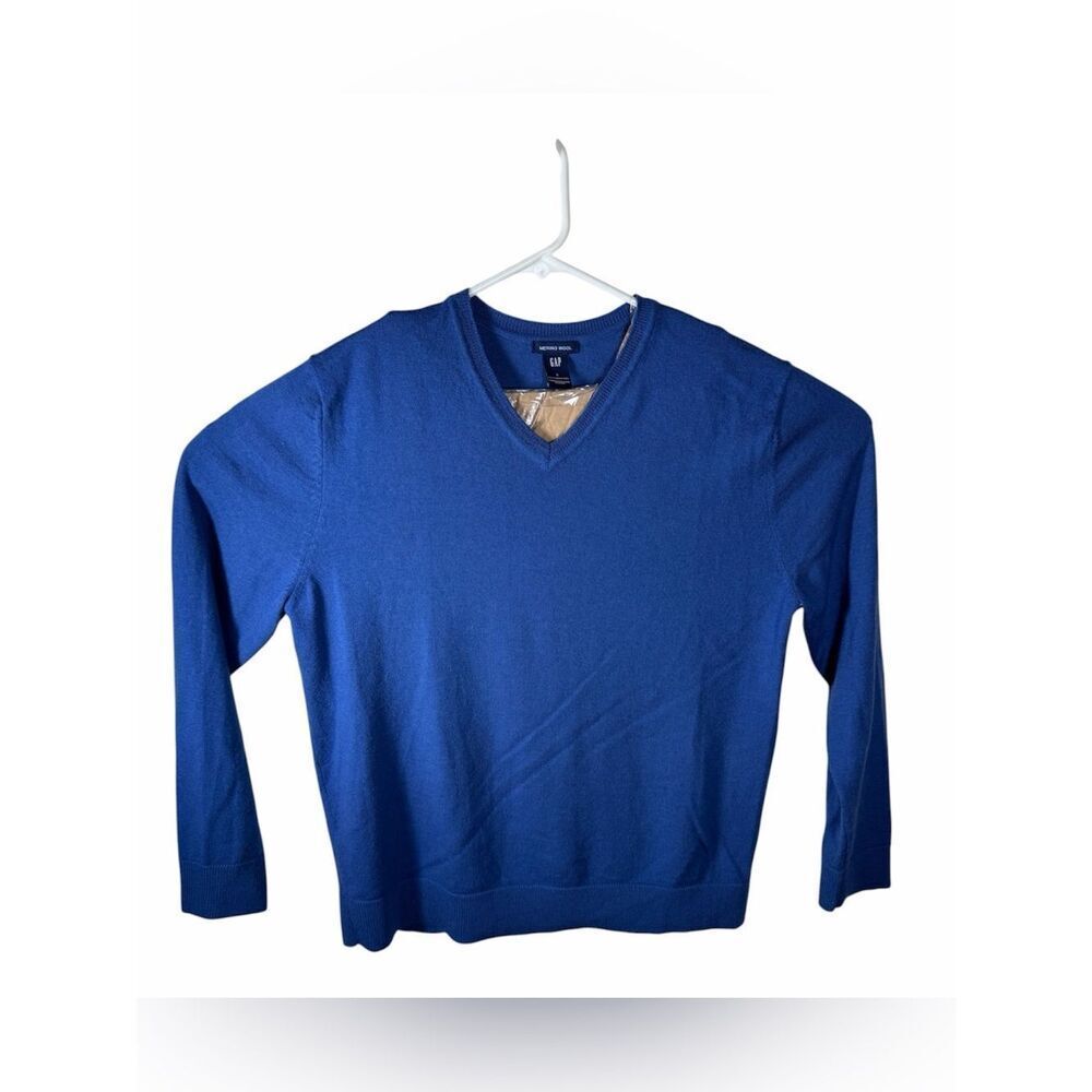 GAP Blue Vneck 100% Extra Fine Merino Wool Pullover Knit Sweater Mens Sz. Large